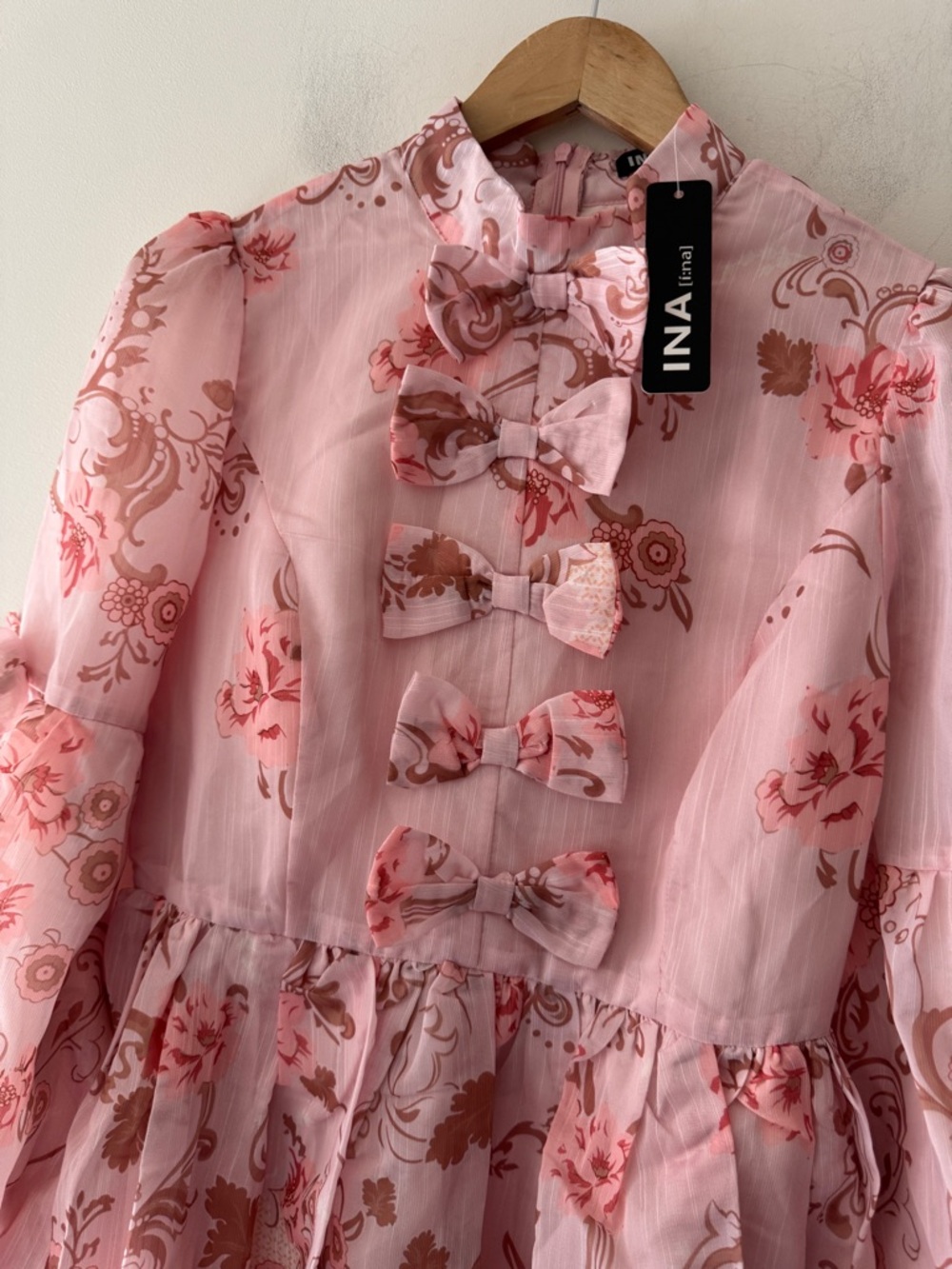 NEW!! INA Pink Floral Bow Front Sheer Mini Dress Coquette Cottagecore Romantic - Picture 2 of 8